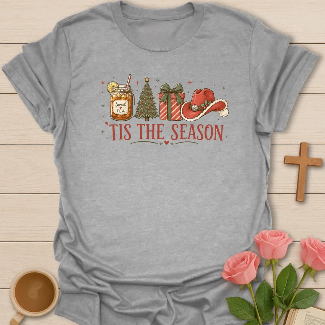 Southern Tis The Season shirt with mason jar sweet tea, Christmas tree, present, Santa hat, stars, and red vintage text. - Sport Grey