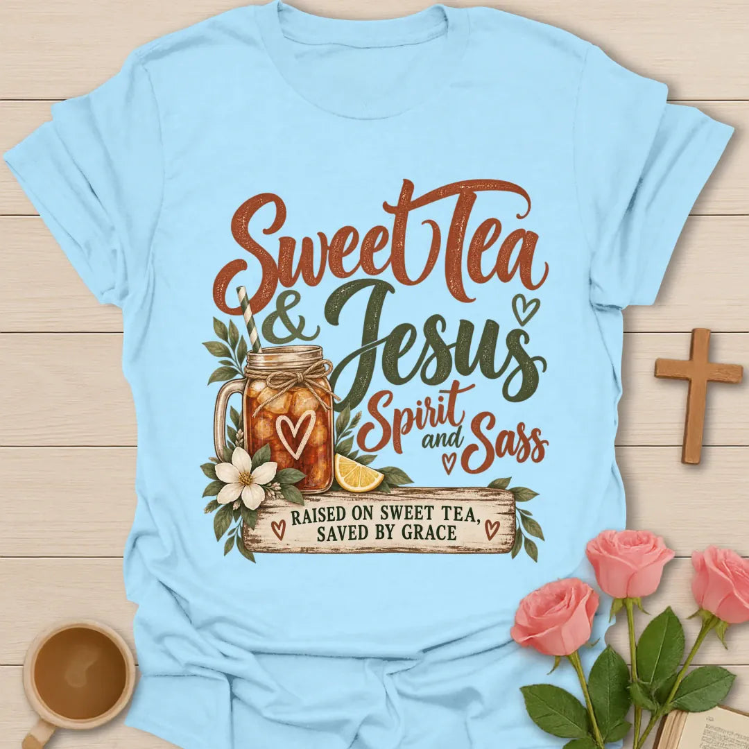 Spirit & Sass T-Shirt with playful faith lettering. - Light Blue
