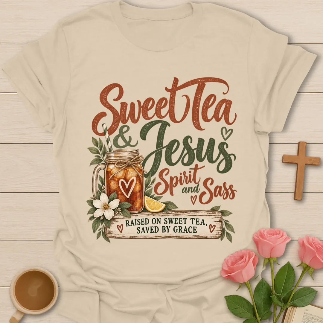 Spirit & Sass T-Shirt with playful faith lettering. - Sand