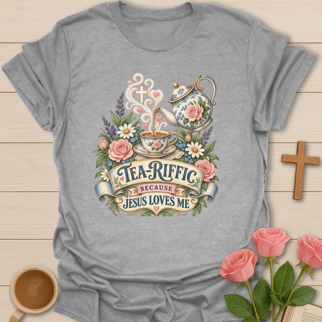 Tea-Riffic t-shirt with playful tea pun lettering and cheerful design - Sport Grey