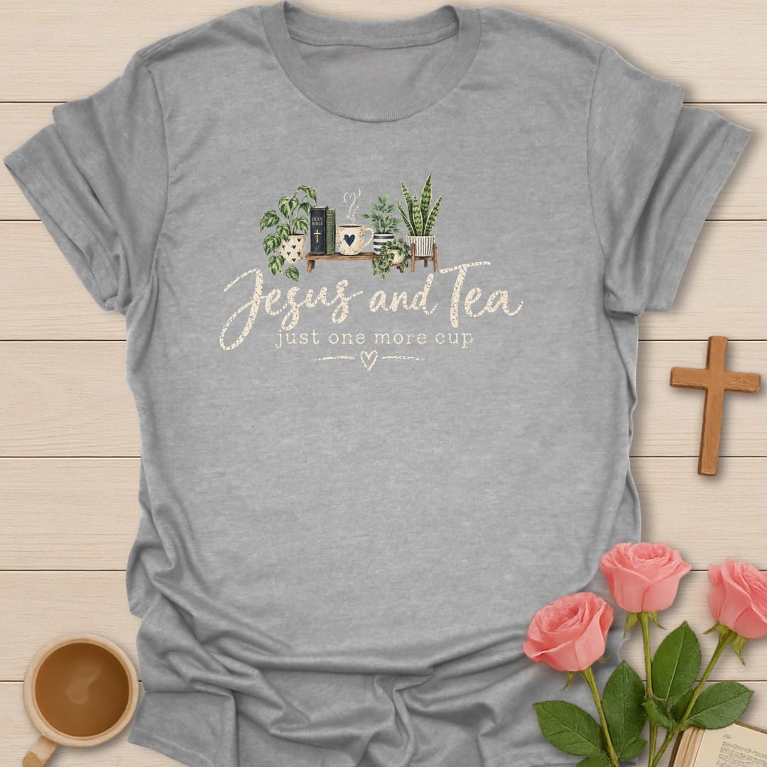 One More Cup t-shirt with tea cup lettering and faith-inspired design - Sport Grey