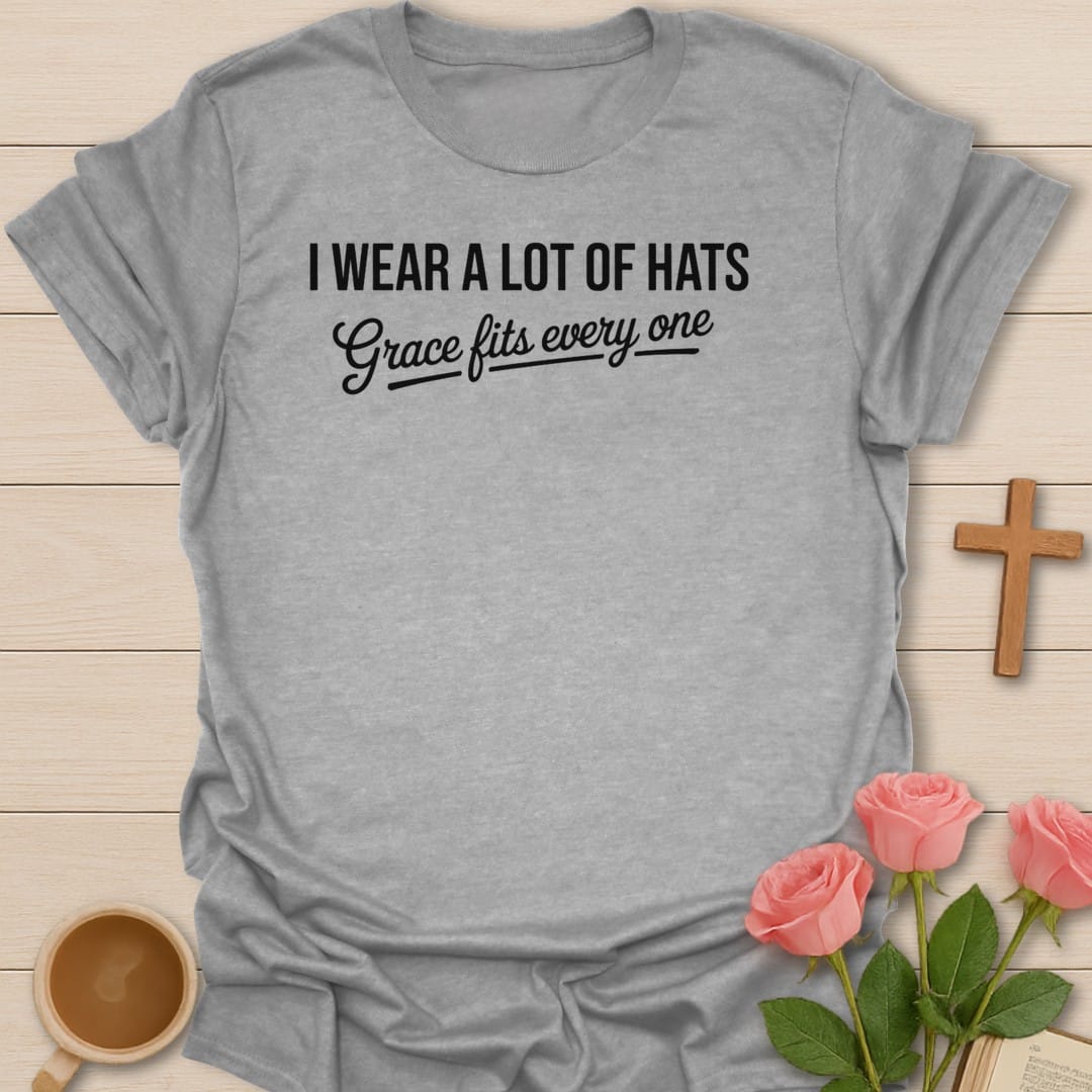 Many Hats Grace t-shirt with layered lettering and grace-themed faith design - Sport Grey