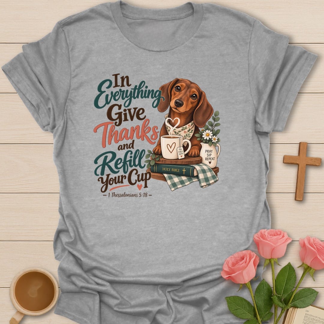 Refill Your Cup t-shirt with tea cup lettering and restful faith design - Sport Grey