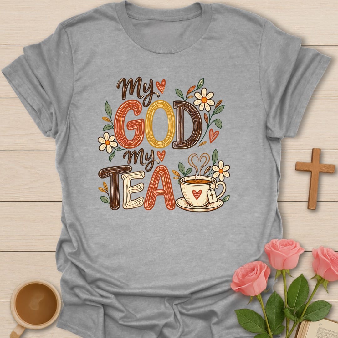 Spiritual Brew t-shirt with tea brewing lettering and faith-inspired design - Sport Grey