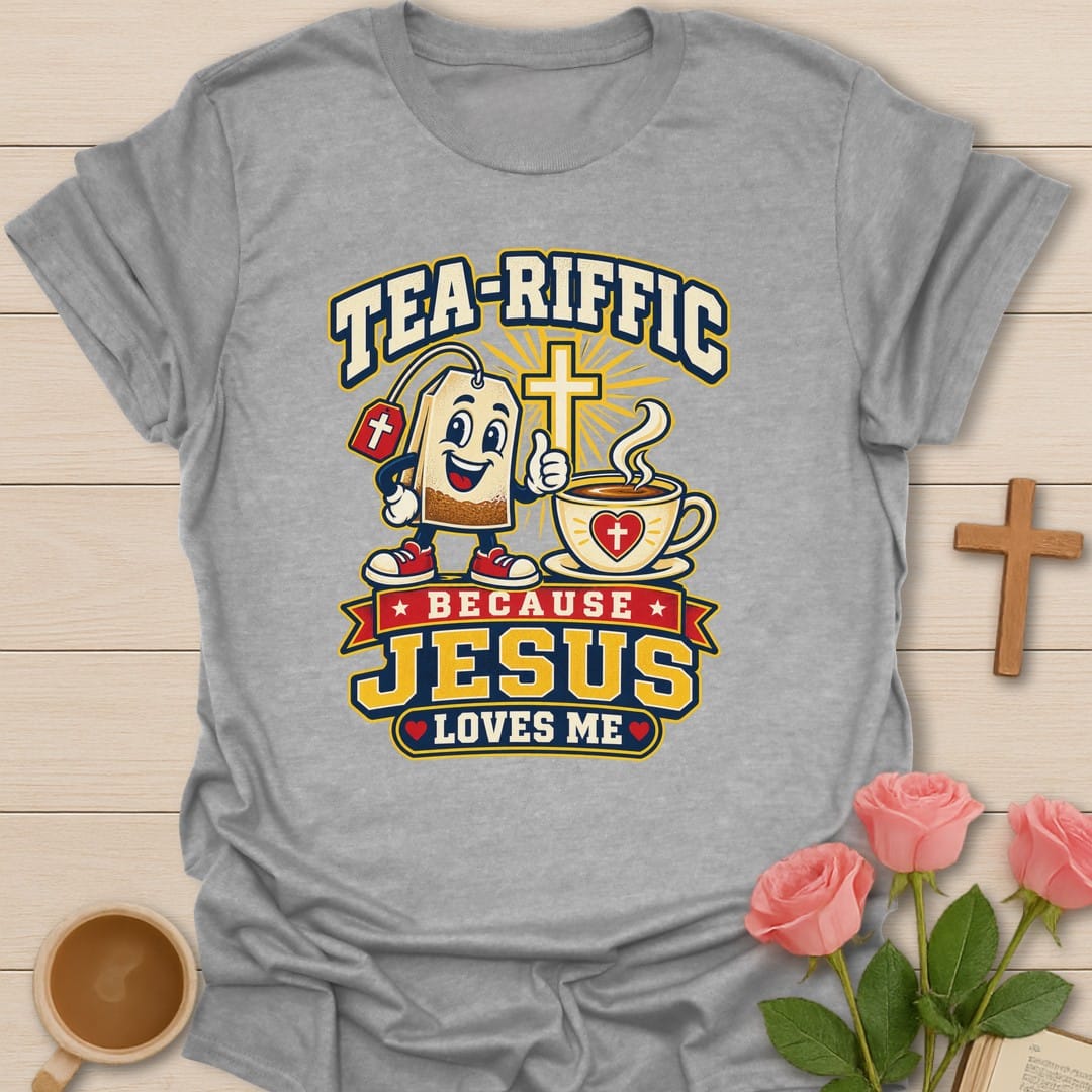 Tea-Riffic Faith t-shirt with punny tea lettering and faith design - Sport Grey