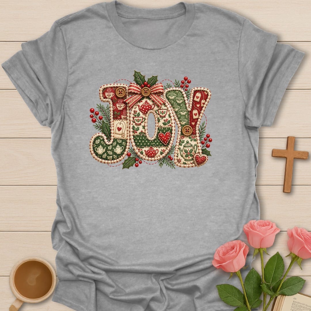 Joy Stitched t-shirt with playful joy lettering and faith-inspired design - Sport Grey
