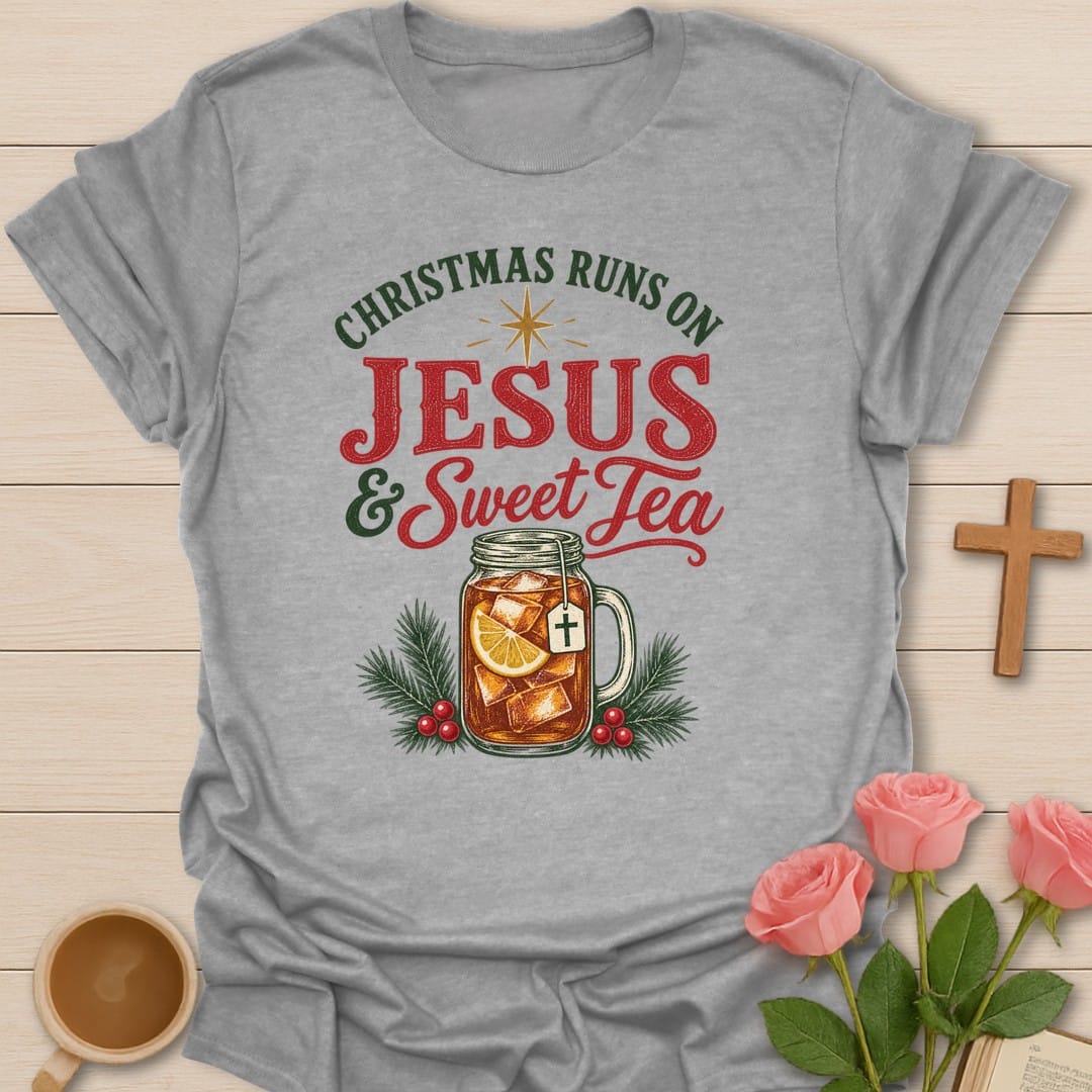 Sweet Tea Christmas t-shirt with cozy holiday lettering and faith-inspired design - Sport Grey