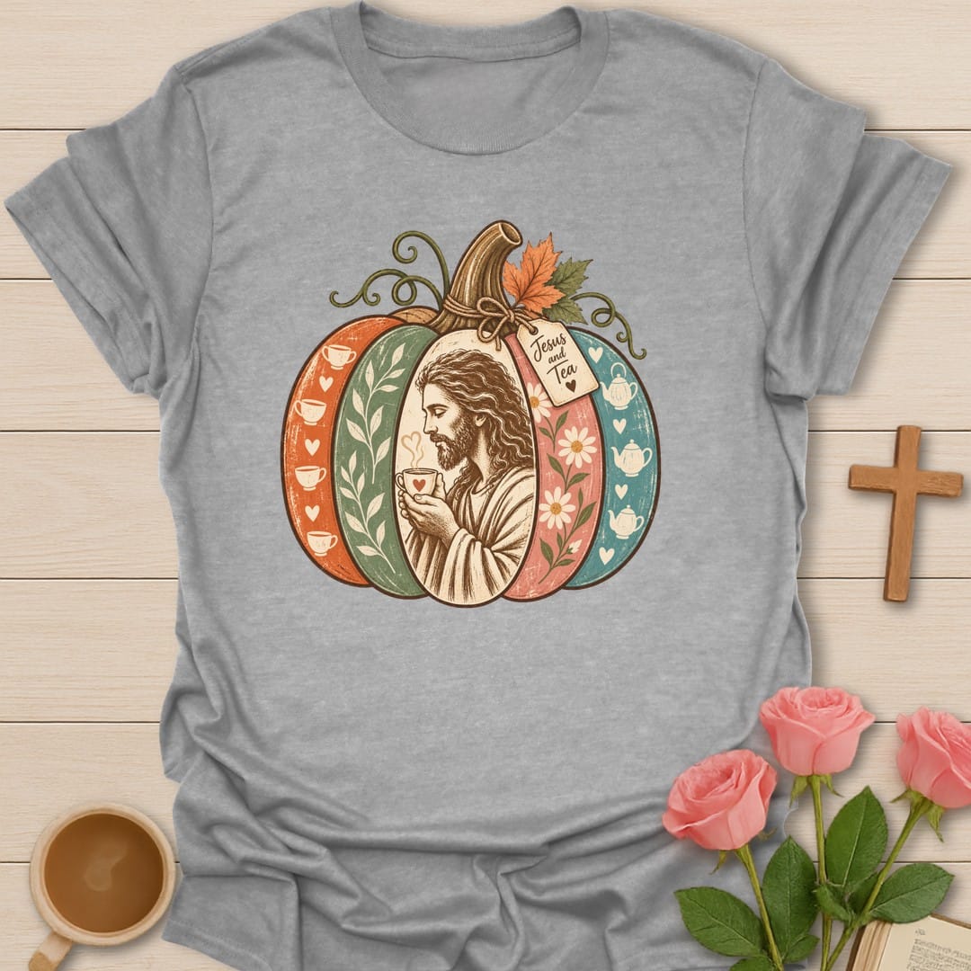 Jesus Tea Pumpkin t-shirt with cozy fall pumpkin and tea artwork and faith-inspired design - Sport Grey