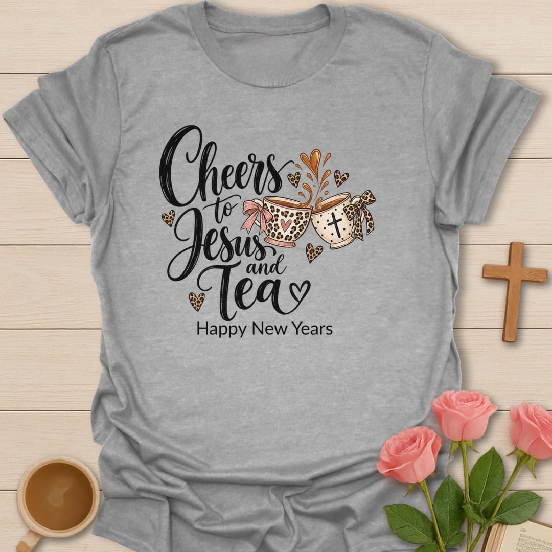 Leopard Faith Cups t-shirt with leopard print tea cup artwork and faith-inspired design - Sport Grey