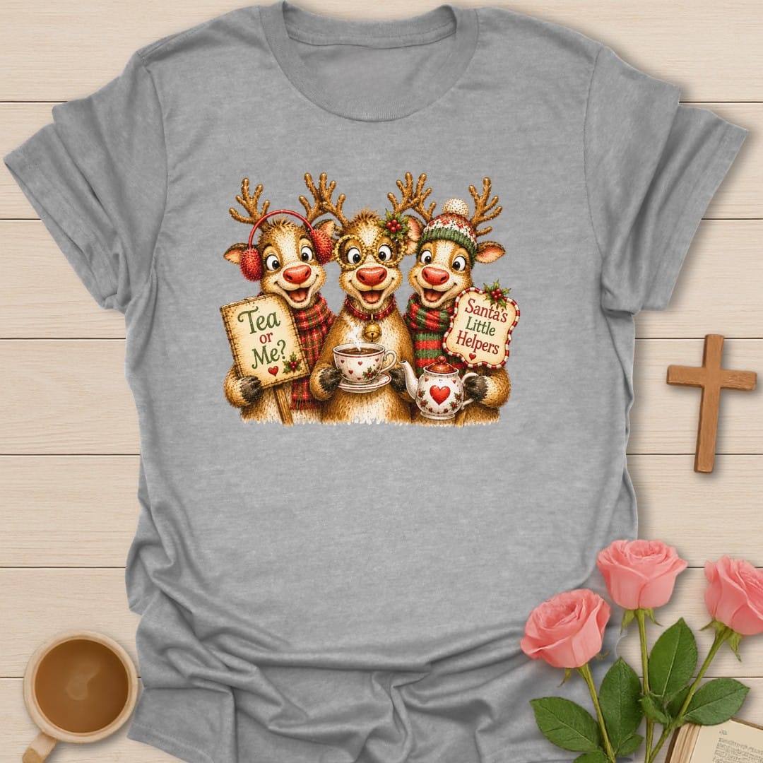 Santa's Little Helpers t-shirt with playful Christmas artwork and faith-inspired design - Sport Grey