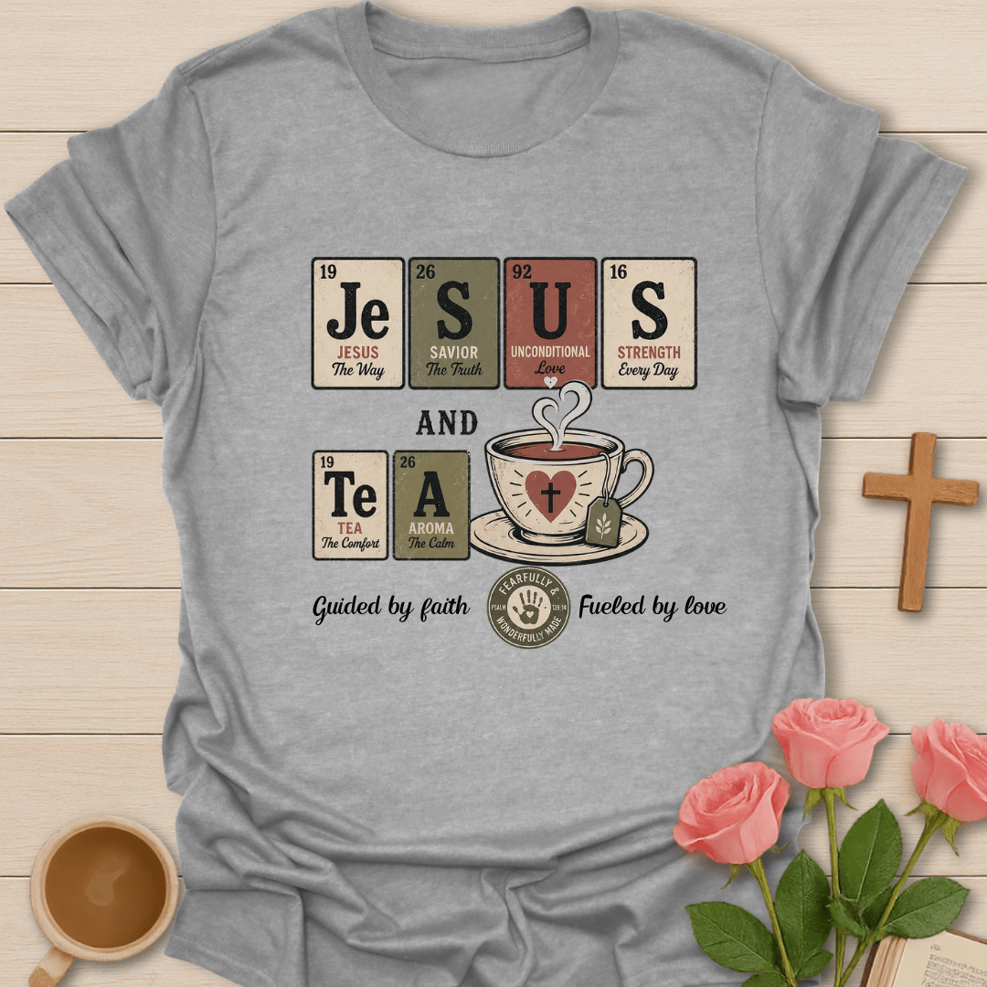 Jesus & Tea Periodic Table T-Shirt KozzyCo Christian and tea lover design
