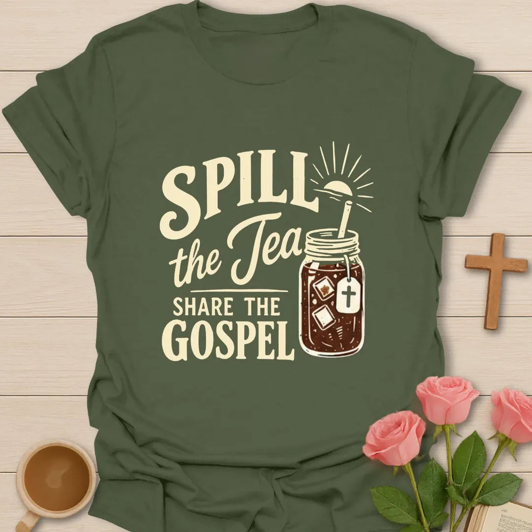 Spread the Gospel t-shirt with bold gospel lettering and faith-inspired design - Military Green