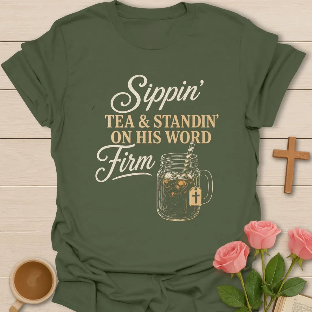 Sippin Tea and Standing On His Word Firm shirt with mason jar iced tea, cross tag, and vintage cream lettering. - Military Green