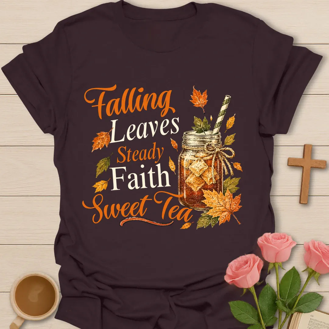 Falling Leaves, Steady Faith, Sweet Tea Christian fall t-shirt with an iced tea mason jar, striped straw, and autumn leaves - Dark Chocolate