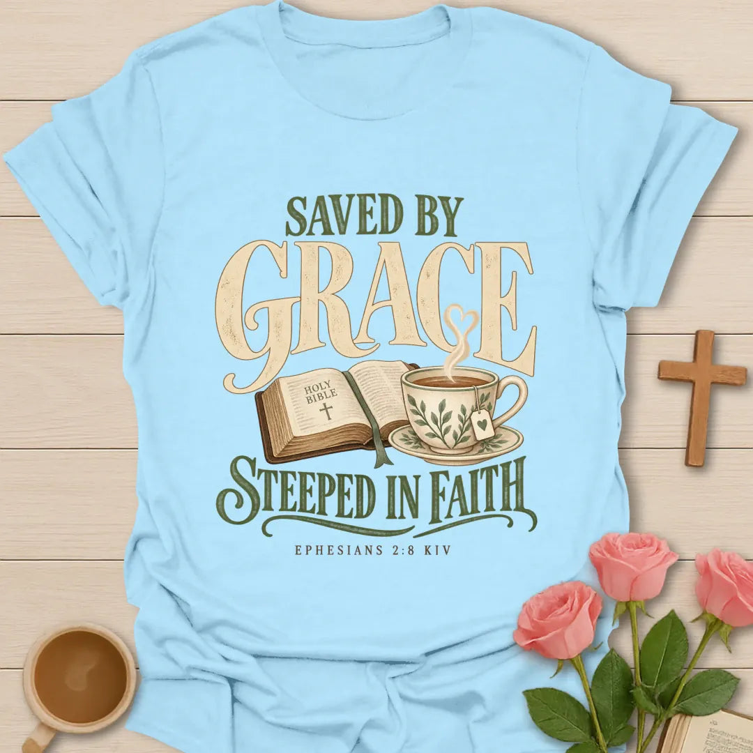 Steeped In Faith Christian tea t-shirt with gentle lettering and faith-inspired design. - Light Blue