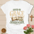 Steeped In Faith Christian tea t-shirt with gentle lettering and faith-inspired design. - White
