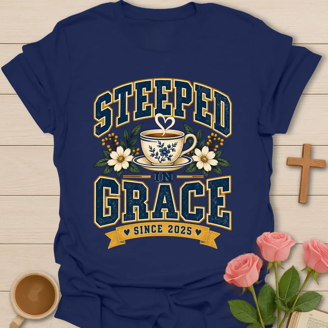 Steeped In Grace Since T-Shirt with tea and grace lettering. - Navy