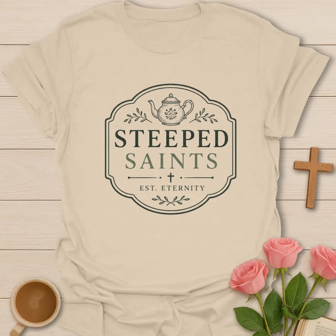 Steeped Saints shirt with teacup, cross, and cream vintage lettering. - Sand