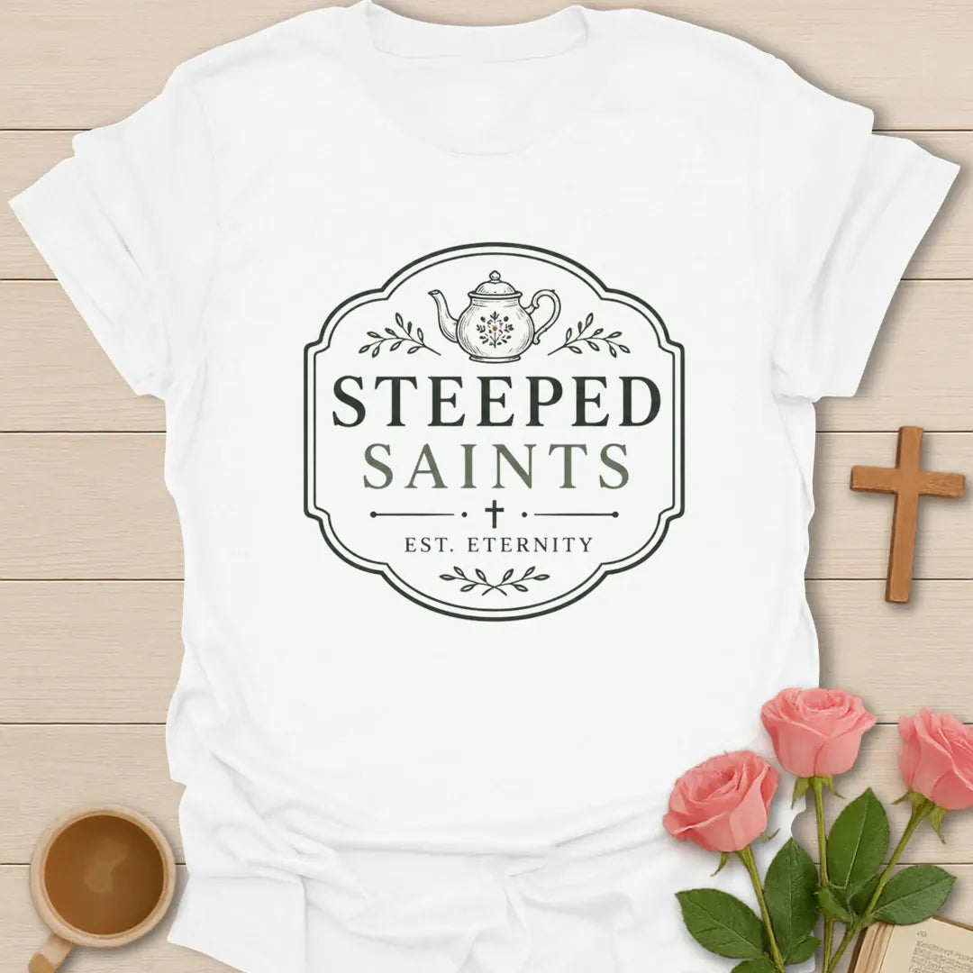 Steeped Saints shirt with teacup, cross, and cream vintage lettering. - White