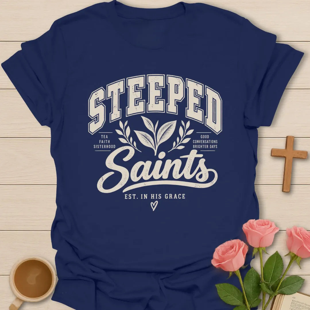 Steeped Saints T-Shirt with tea-inspired lettering and faith design. - Navy