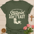 Steepin Ain’t Easy cowgirl tea shirt with Western boot, steaming teacup, and Southern Steep Society text - Military Green