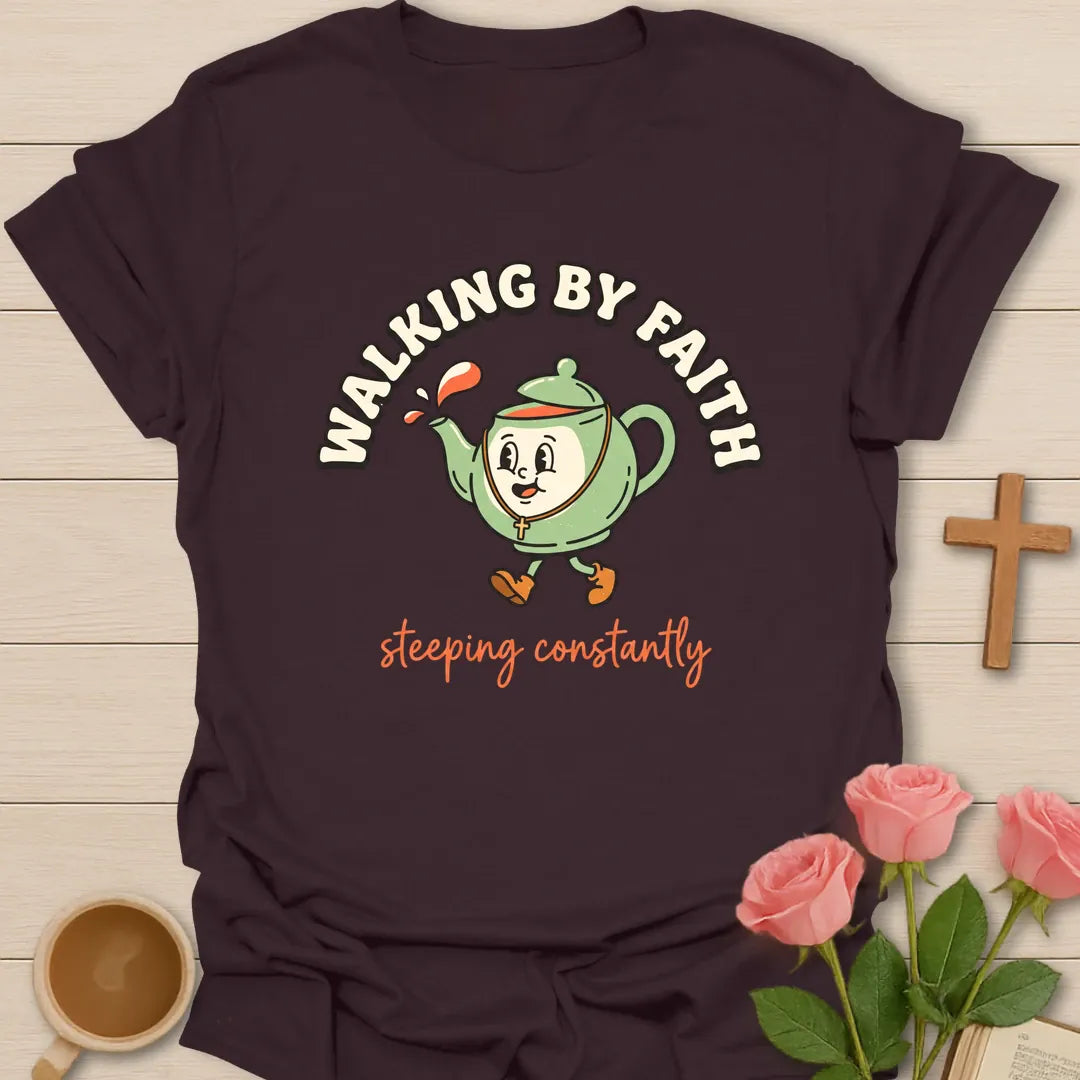 Steeping Constantly shirt with playful tea lettering and faith-inspired design. - Dark Chocolate