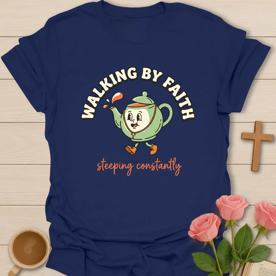 Steeping Constantly shirt with playful tea lettering and faith-inspired design. - Navy
