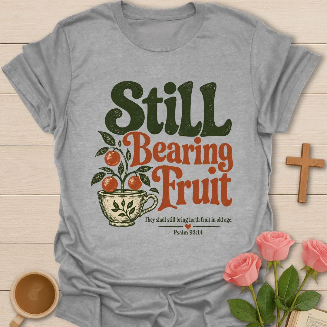 Still Bearing Fruit vintage Christian t-shirt with an orange fruit tree growing from a teacup and Psalm 92:14 - Sport Grey