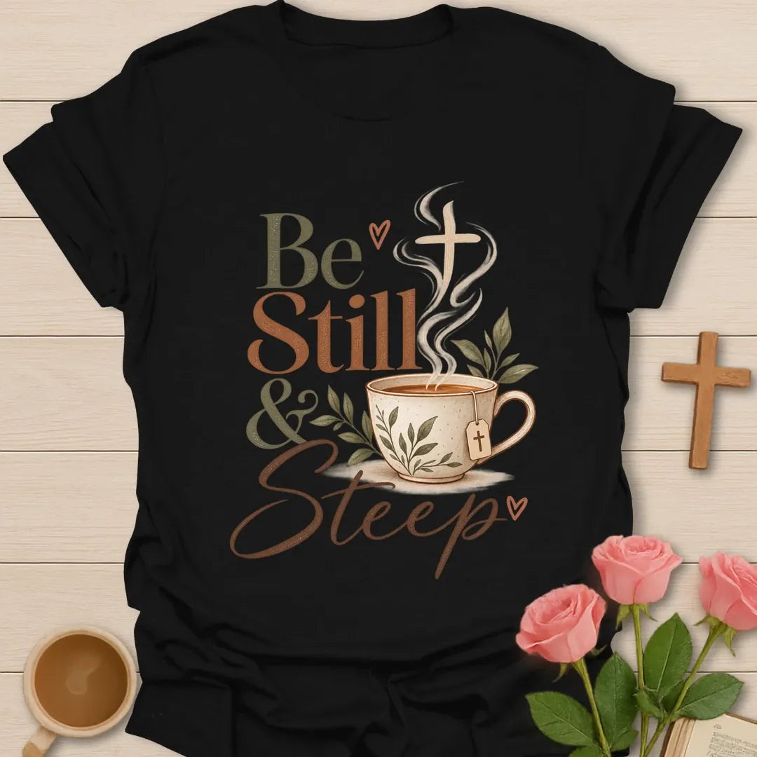 Still & Steep Christian t-shirt with tea-inspired lettering and faith design - Black