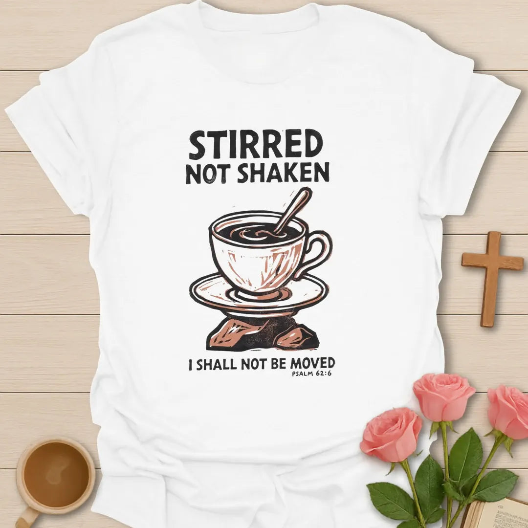 Stirred Not Shaken Christian t-shirt with faith-inspired tea lettering design - White