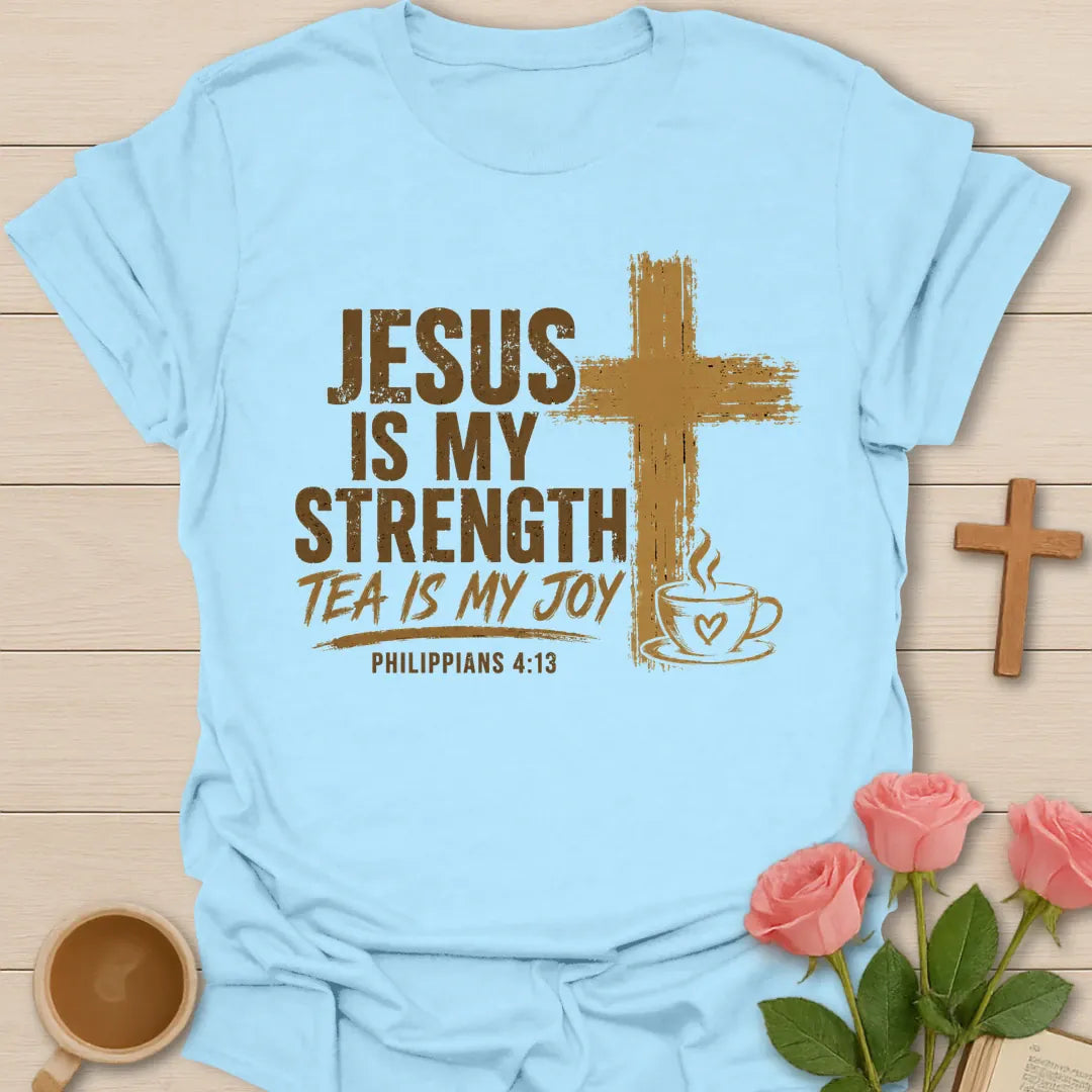 Strength and Joy Christian shirt with cream lettering and faith-inspired design. - Light Blue