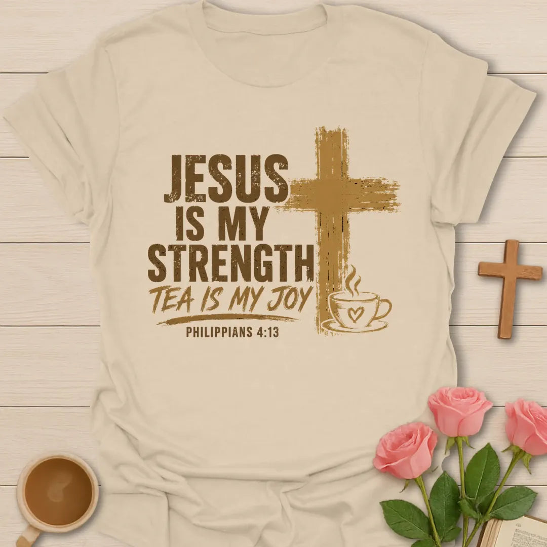Strength and Joy Christian shirt with cream lettering and faith-inspired design. - Sand