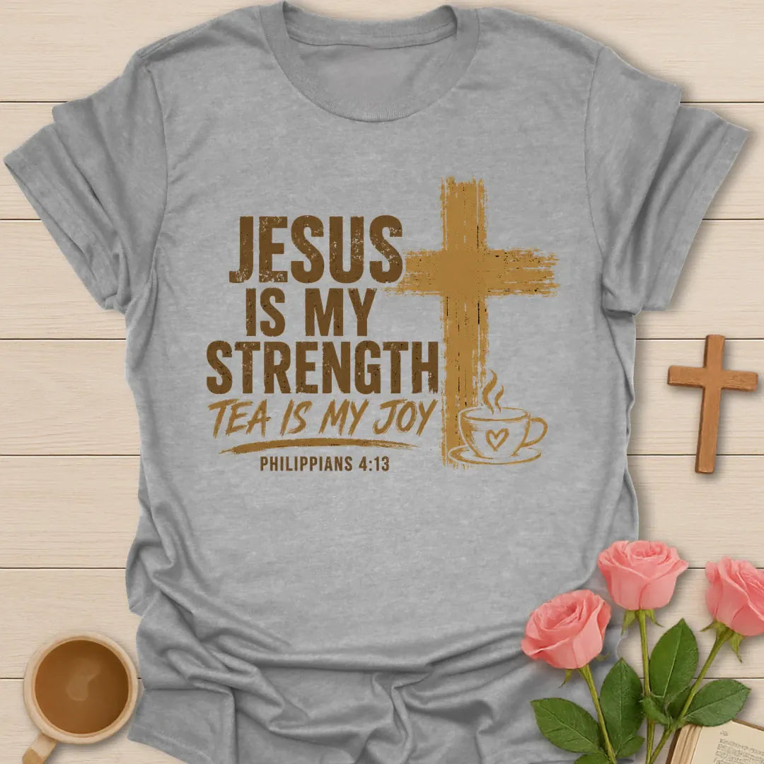 Strength and Joy Christian shirt with cream lettering and faith-inspired design. - Sport Grey