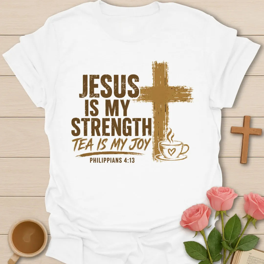 Strength and Joy Christian shirt with cream lettering and faith-inspired design. - White