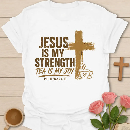 Strength and Joy Christian shirt with cream lettering and faith-inspired design. - White