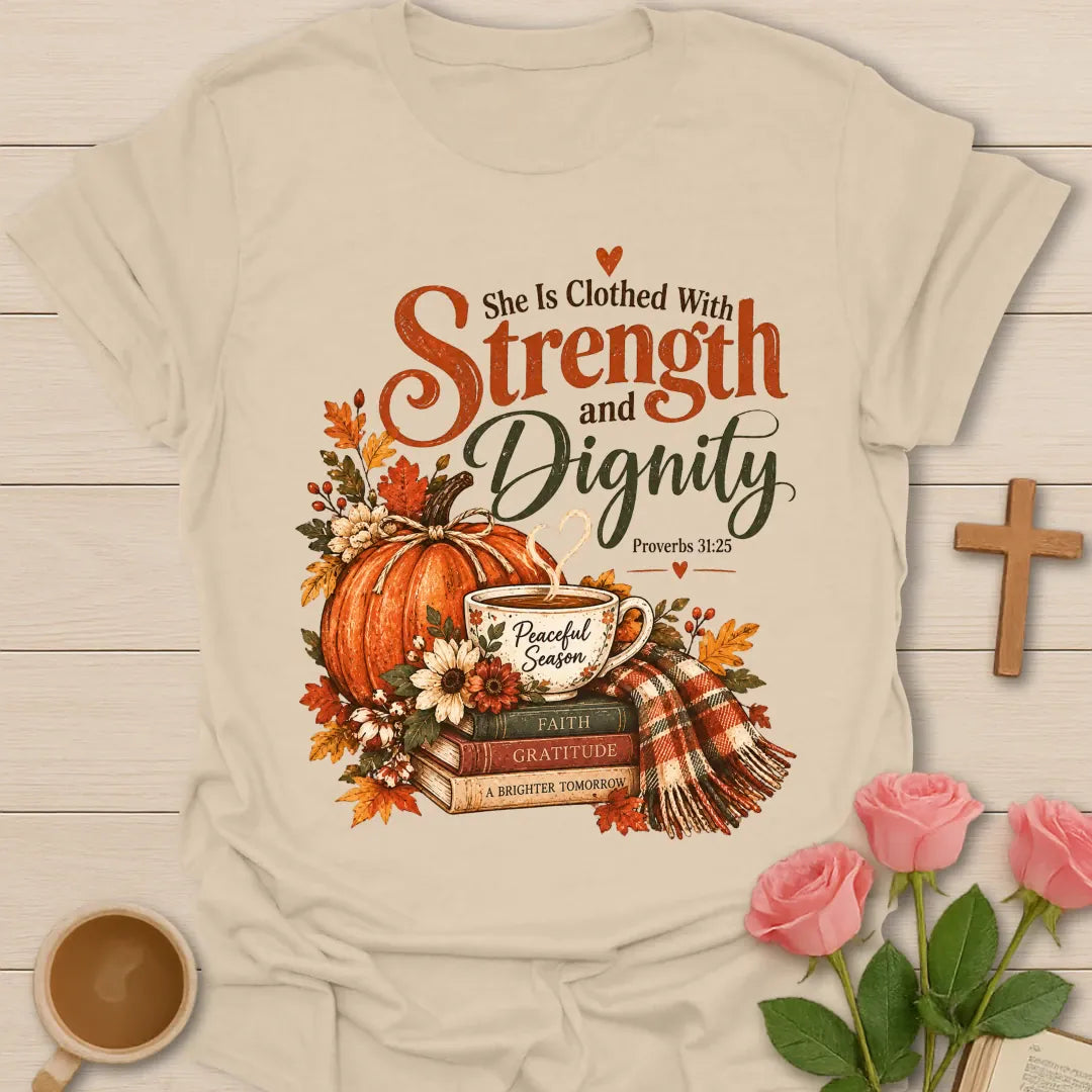 Strength and Dignity Christian t-shirt with Proverbs 31 inspired lettering - Sand