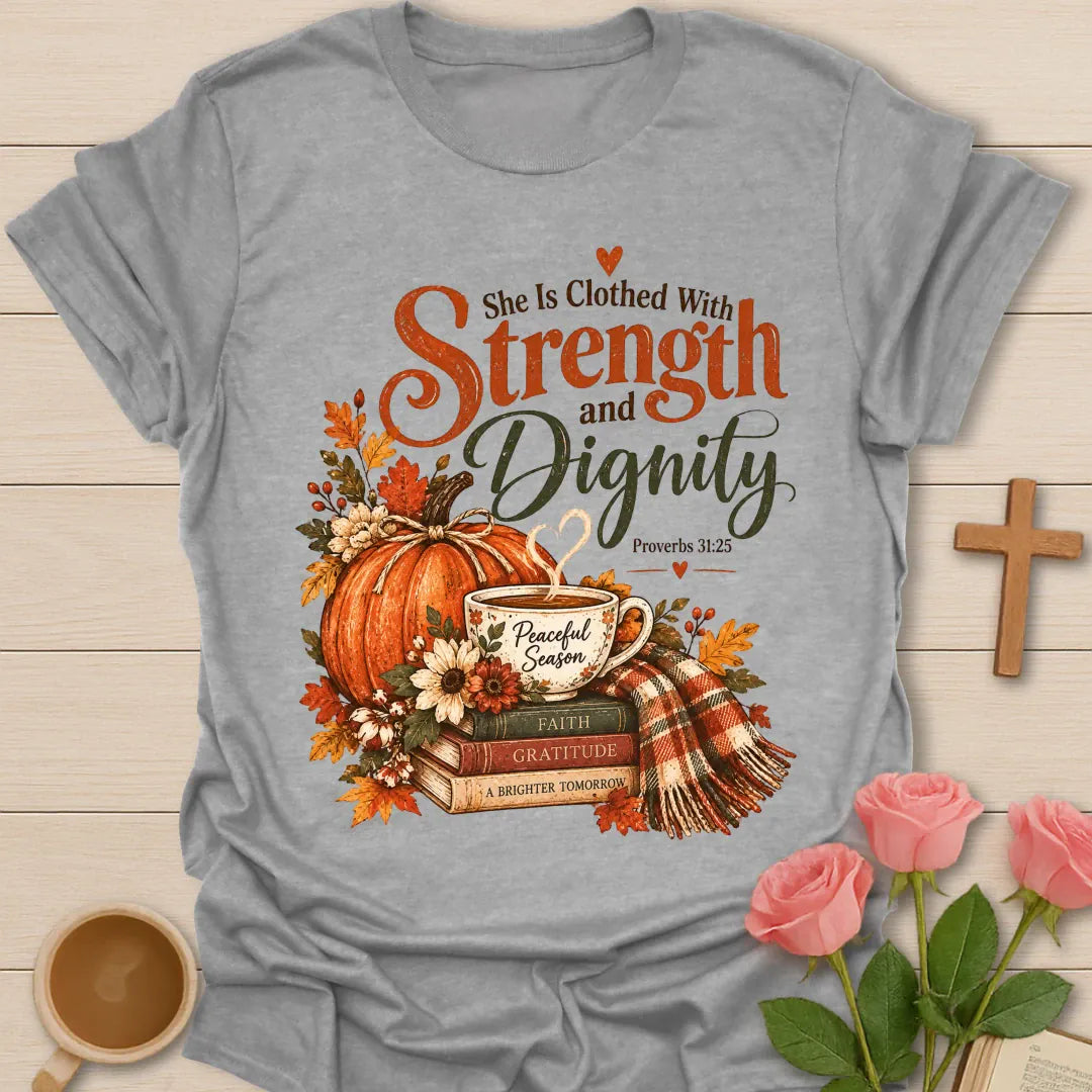 Strength and Dignity Christian t-shirt with Proverbs 31 inspired lettering - Sport Grey