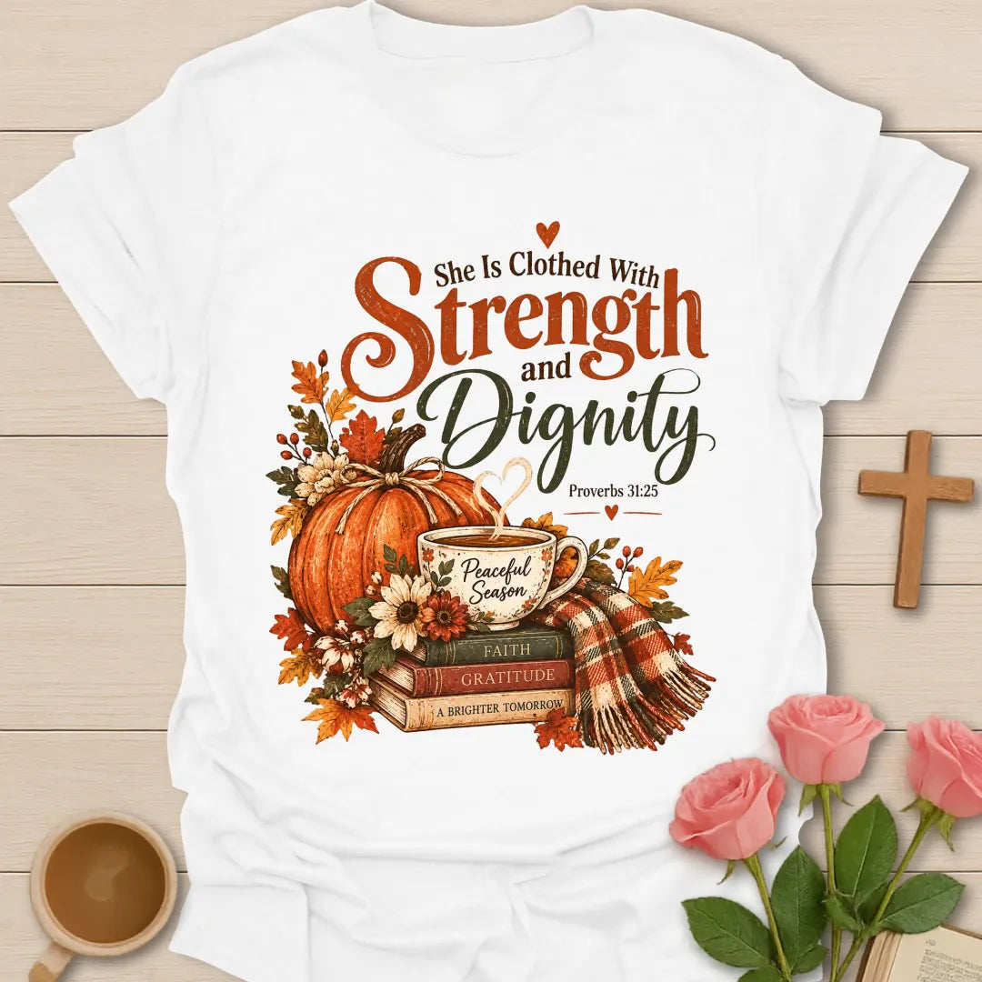 Strength and Dignity Christian t-shirt with Proverbs 31 inspired lettering - White
