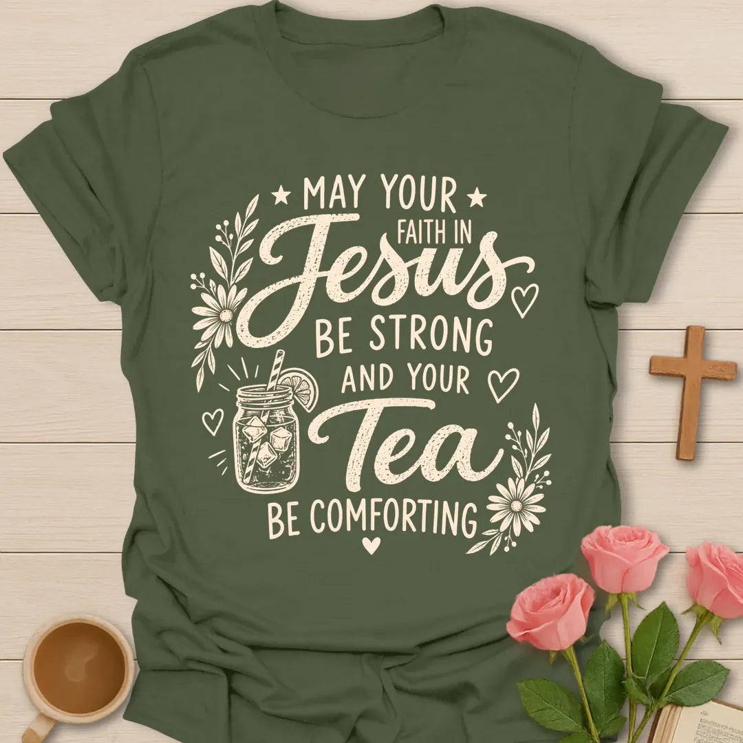 Strong Faith Comforting Tea shirt with mason jar iced tea, flowers, hearts, and soft cream vintage lettering. - Military Green