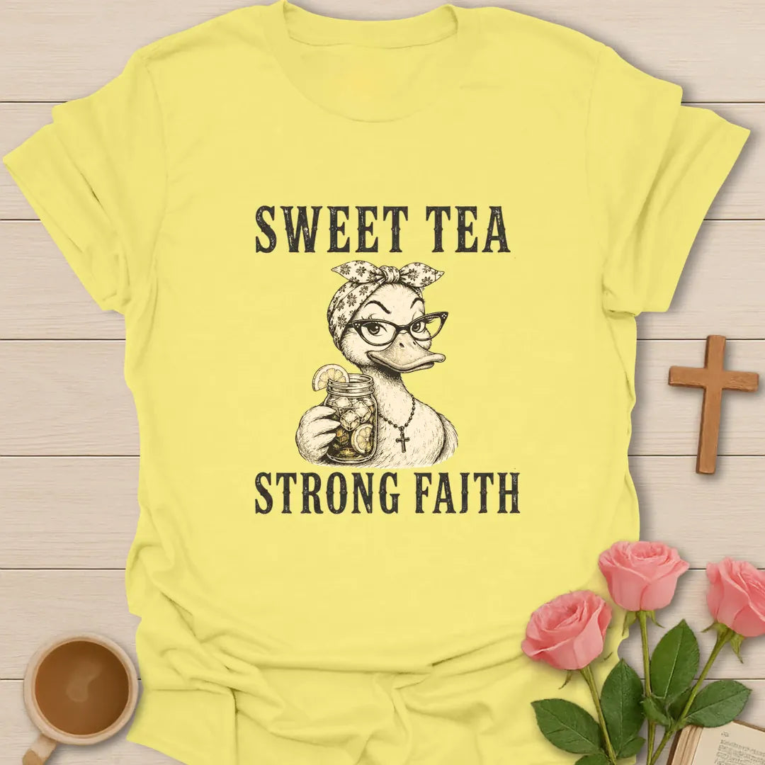 Strong Faith shirt with cross, florals, and cream vintage lettering. - Cornsilk