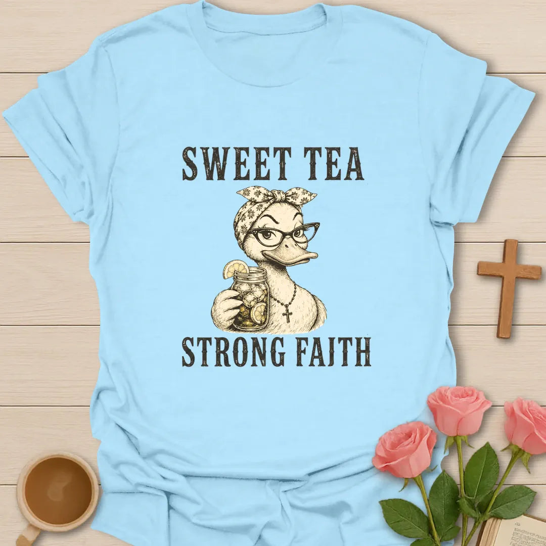 Strong Faith shirt with cross, florals, and cream vintage lettering. - Light Blue