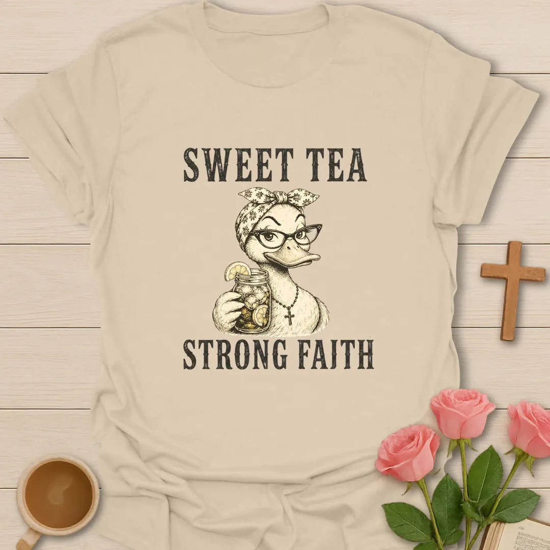 Strong Faith shirt with cross, florals, and cream vintage lettering. - Sand