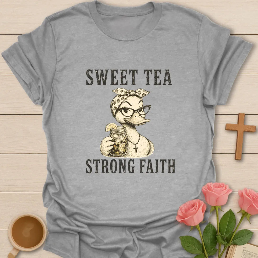 Strong Faith shirt with cross, florals, and cream vintage lettering. - Sport Grey