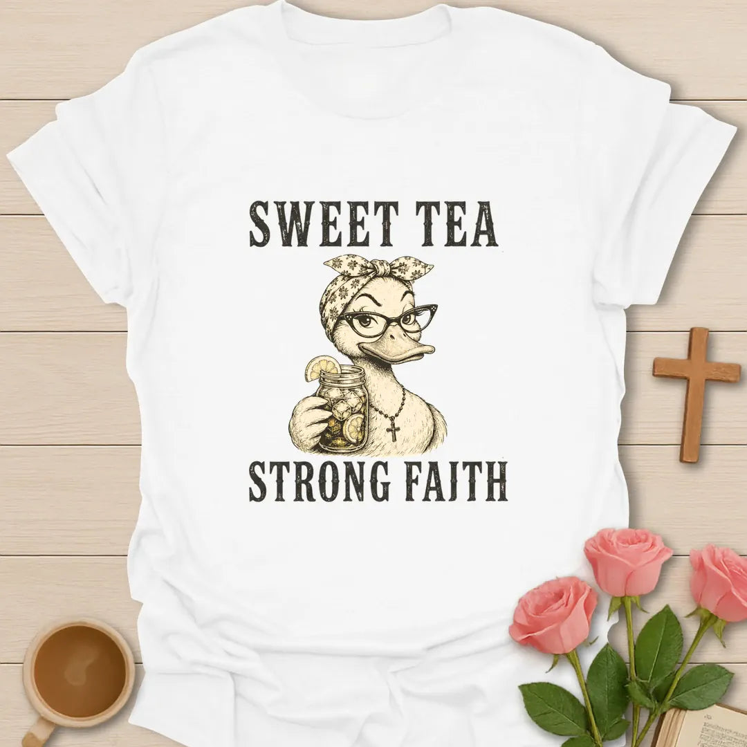 Strong Faith shirt with cross, florals, and cream vintage lettering. - White