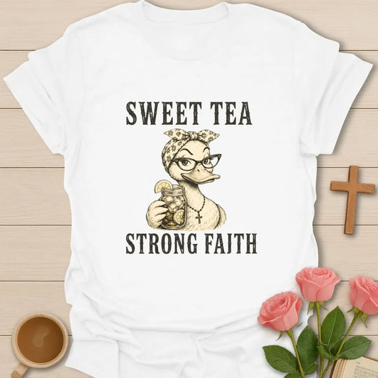 Strong Faith shirt with cross, florals, and cream vintage lettering. - White