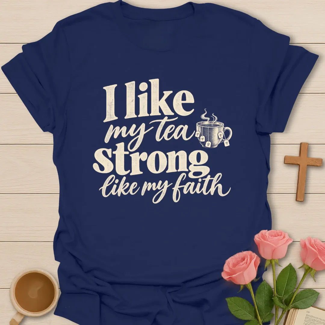 Strong Like My Faith Christian t-shirt with faith-inspired tea lettering design - Navy