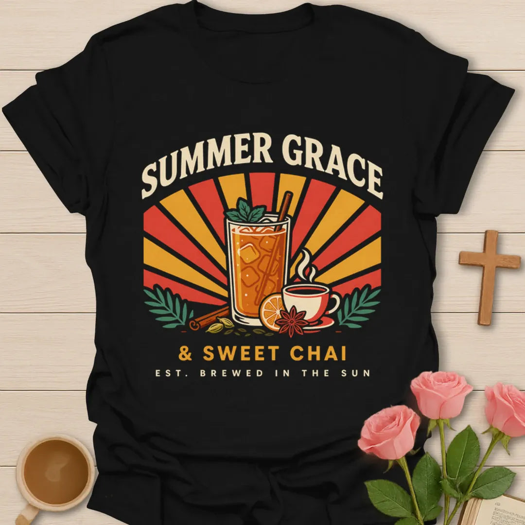 Summer Grace and Sweet Chai shirt with iced chai, teacup, orange slice, cinnamon, spices, and retro sunburst - Black