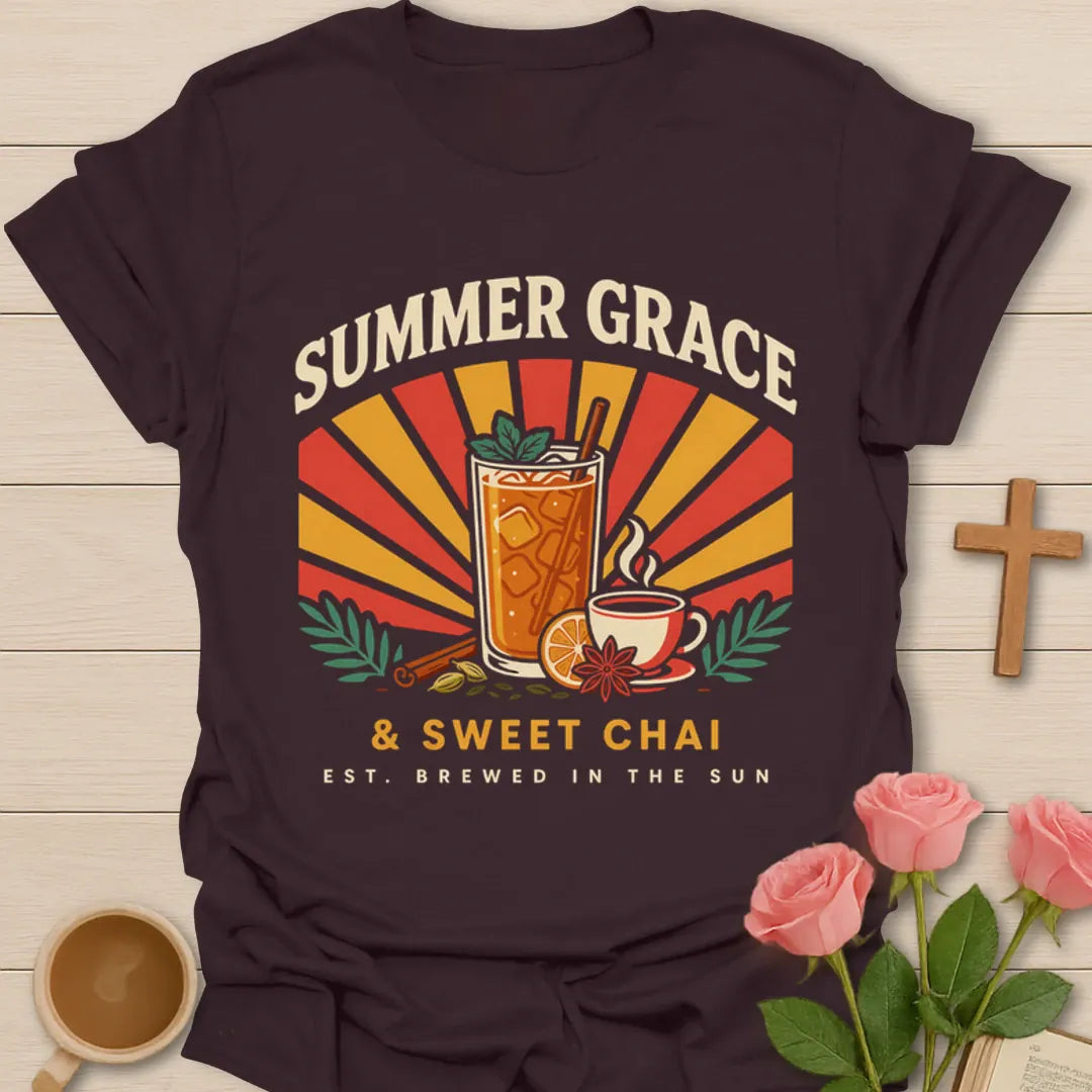 Summer Grace and Sweet Chai shirt with iced chai, teacup, orange slice, cinnamon, spices, and retro sunburst - Dark Chocolate
