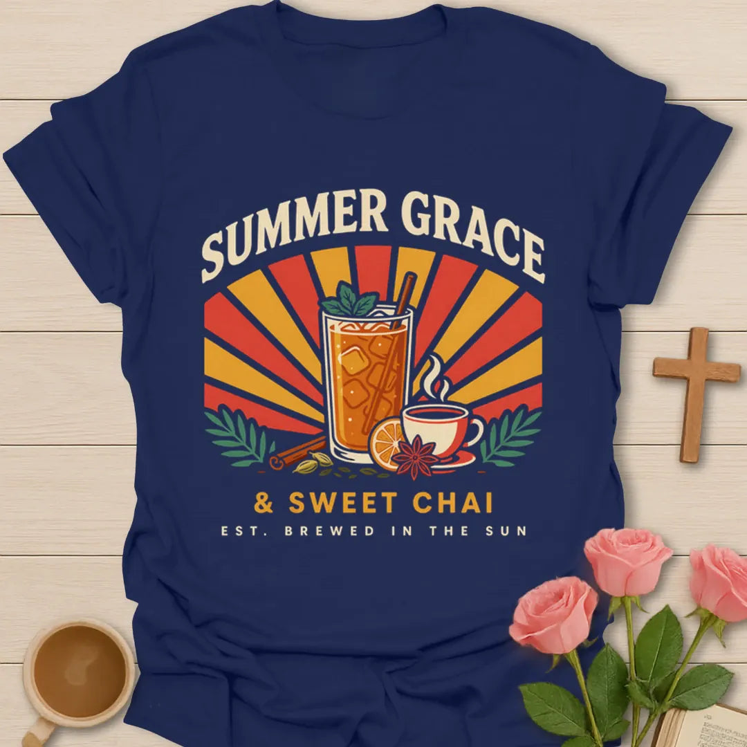 Summer Grace and Sweet Chai shirt with iced chai, teacup, orange slice, cinnamon, spices, and retro sunburst - Navy