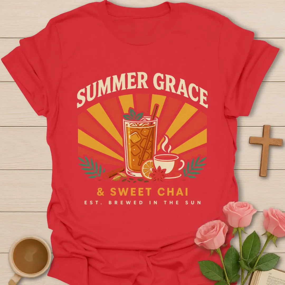 Summer Grace and Sweet Chai shirt with iced chai, teacup, orange slice, cinnamon, spices, and retro sunburst - Red